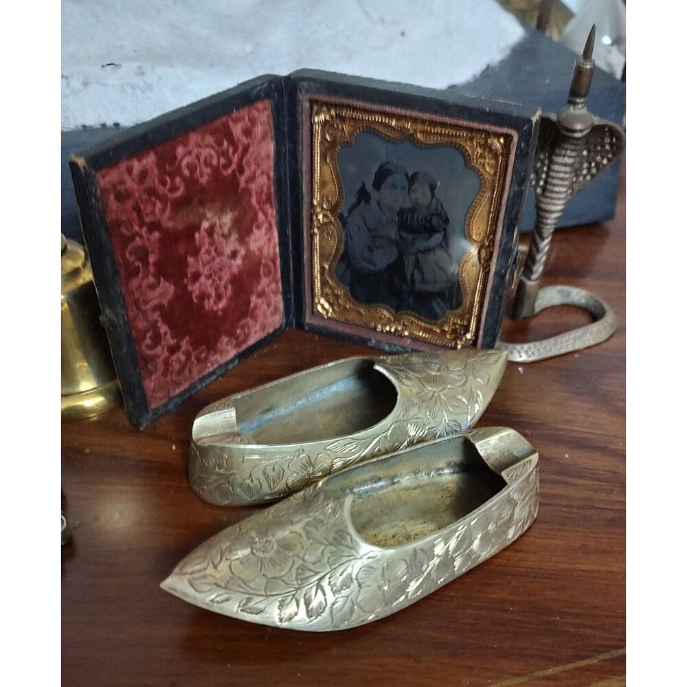 Set Of Vintage Brass Asian Slippers | Etched | Shelf Decor